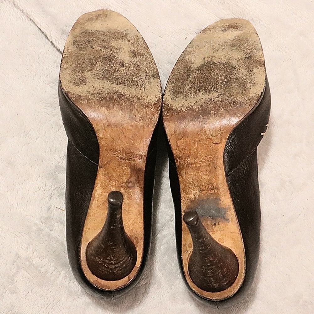 VINTAGE YSL HEELS 37.5/7 Yves Saint Laurent Brown Classic Exotic Leather 80s 90s - Picture 4 of 10